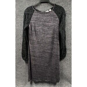 Cato Dress Women Small Gray Knit Black Lace Long Sleeve Polyester Lined Stretchy